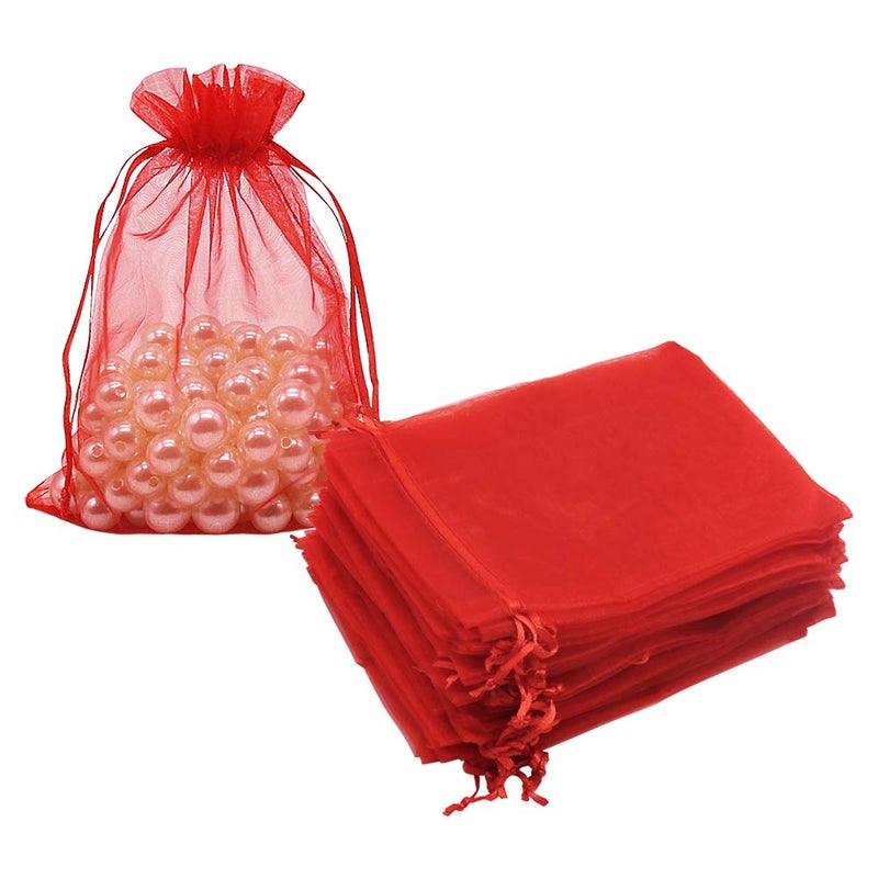 HRX Package Organza Bags Red 100pcs, 5 x 7 inches Christmas Gift Drawstring Bags Mesh Jewelry Pouches for Wedding Party Favors - Image 1